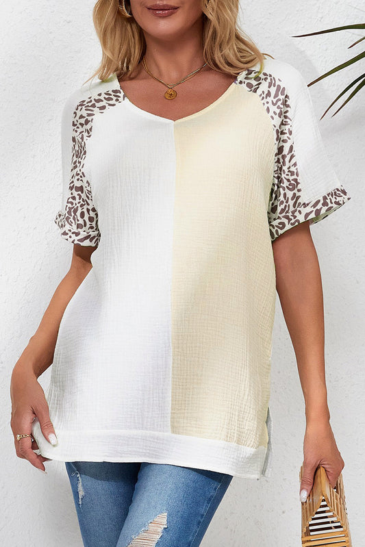 White Distressed Leopard Trim Blouse FB