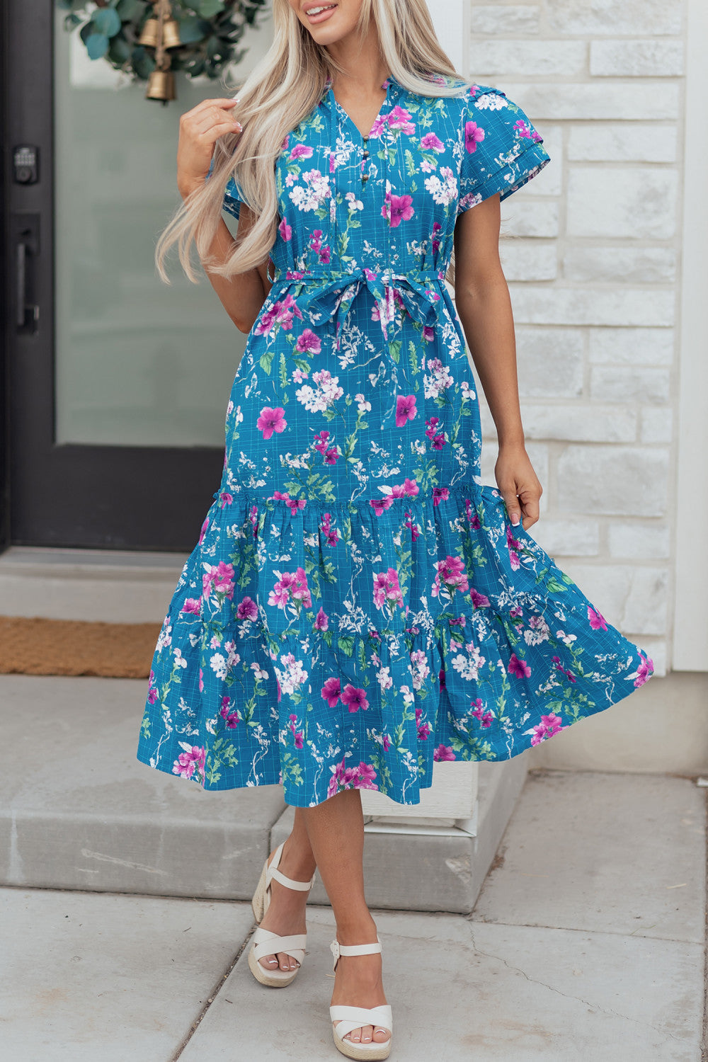 Blue Floral Belted Dress